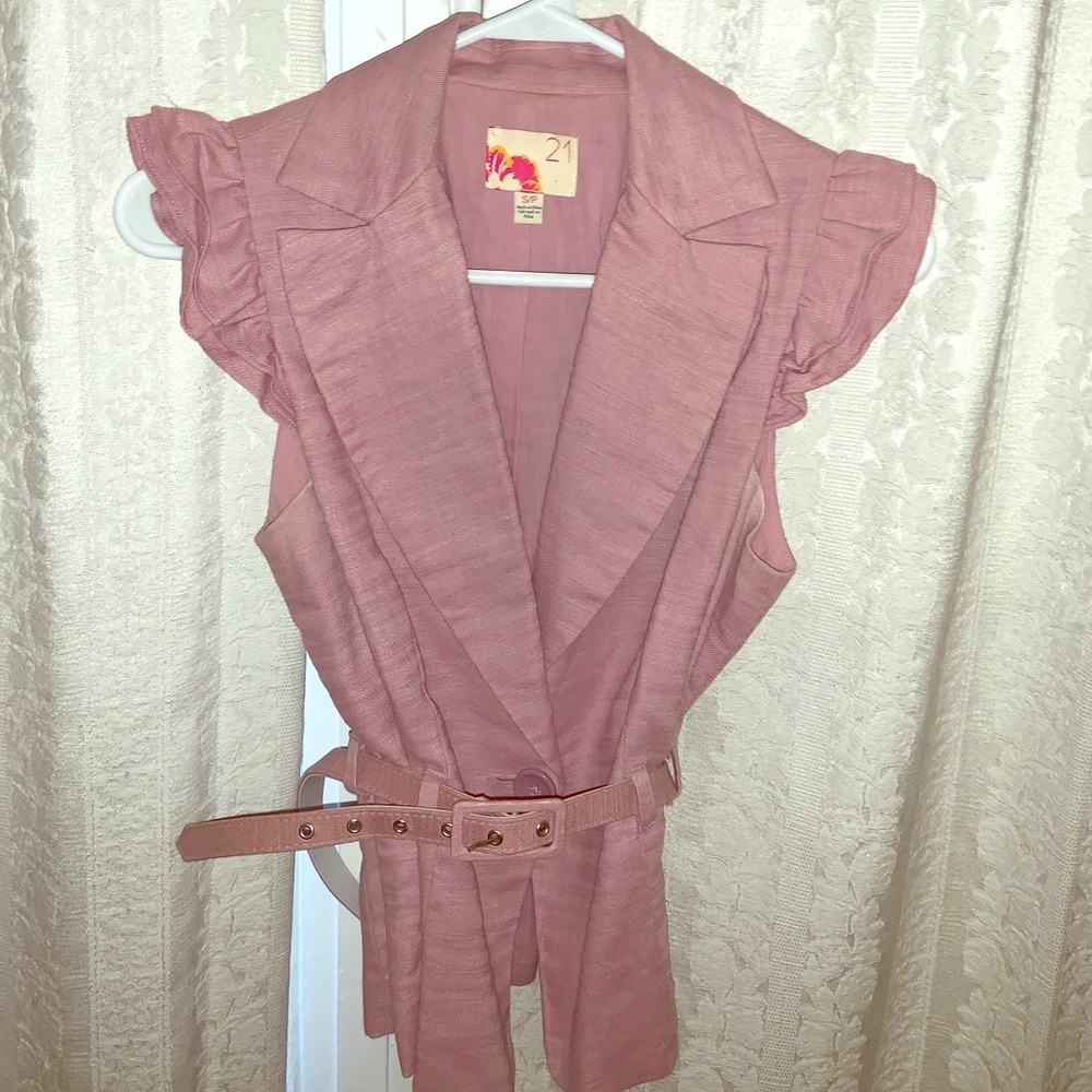 Pink Ruffle Cap Sleeve Blazer with Belt like new